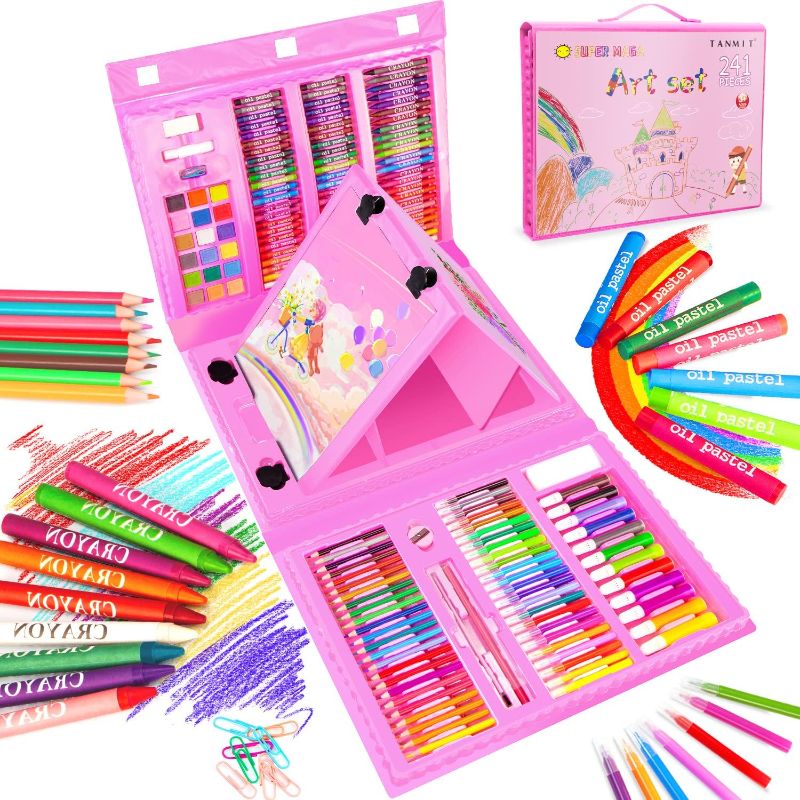 Photo 1 of 241 PCS Art Supplies, Drawing Art Kit for Girls Boys Teens, Artist Beginners Craft Set with Trifold Easel, Sketch Pad, Coloring Book, Pastels, Crayons, Pencils(Pink)