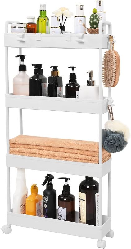 Photo 1 of AROGAN Slim Rolling Storage Cart with Wheels, 4 Tier Organizer, Rolling Utility Cart for Kitchen, Bathroom, Laundry Room, Office, Narrow Place (White) 