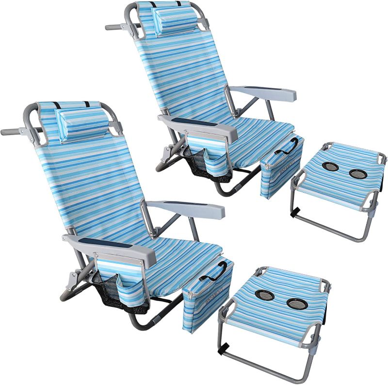 Photo 1 of WKFAMOUT Backpack Folding Beach Chairs Set of 2 for Adults Heavy Duty 350Ibs with Camping Table Portable Lay Flat Beach Chair 5-Position Adjustable with Cooler Bag and Cup Holder