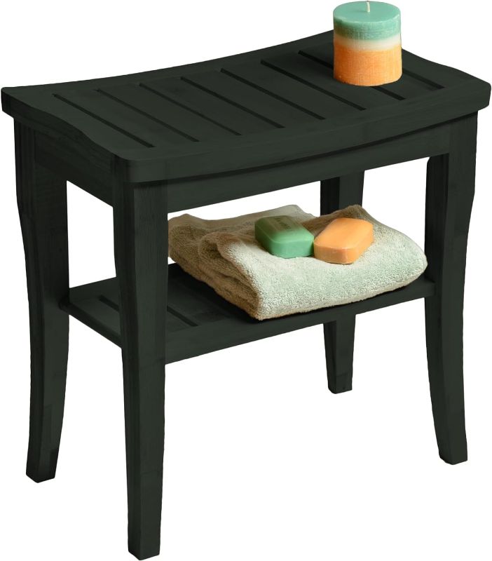 Photo 1 of Bamboo Shower Bench Spa Stool - Wood 2-Tier Seat, Foot Rest Shaving Stool with Non-Slip Feet + Storage Shelf - Seat or Organizer for Bathroom, Living Room, Bedroom and Garden Décor