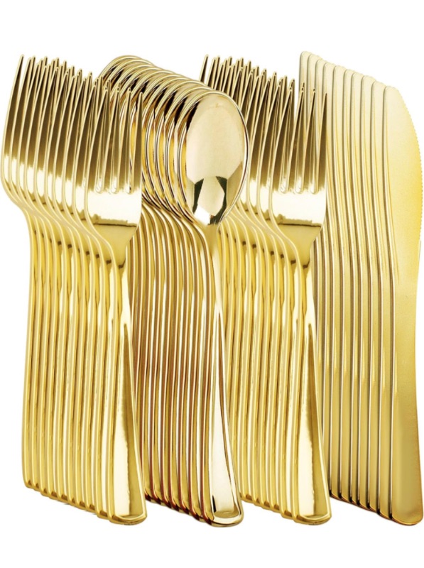 Photo 1 of  Gold Silverware Disposable - Gold Plastic Silverware - Gold Plastic Cutlery Include 200 Forks, 100 Spoons, 100 Knives, Gold Disposable Silverware Perfect for Party&Daily Using