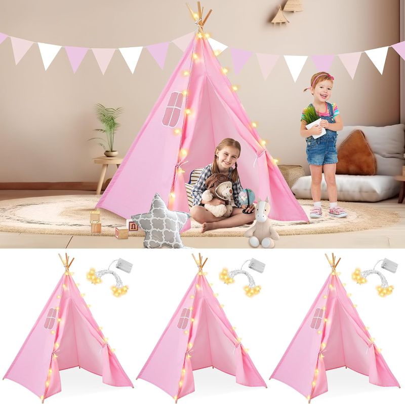 Photo 1 of Berlune 3 Set Teepee Tents for Kids Cotton Canvas Play Tents with 10ft LED String Lights Indoor Outdoor Teepee Play Tents Foldable Kids Tipi Tents for Girls Boys (Pink,Ridge)