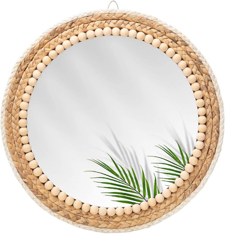 Photo 1 of 15 Inch Boho Mirror, Round Hanging Wall Mirror Decorative Rattan Circle Wall Mounted Mirror for Farmhouse, Bedroom,Bathroom,Nursery(15 inch