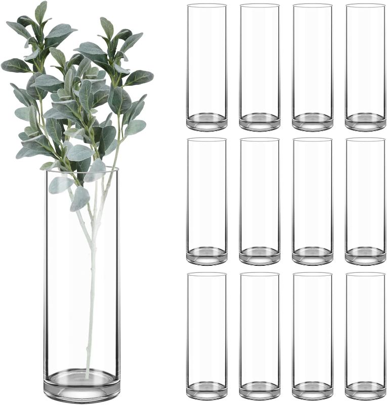 Photo 1 of 12 Pack Tall Clear Glass Cylinder Vases Floating Candle Holders,Bulk Sell Centerpiece Table Vases for Home,Party, Wedding Decorations, Formal Dinners (12'' Tall x 4''Width)