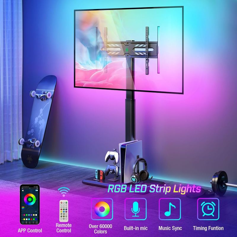 Photo 3 of (READ FULL POST) Greenstell TV Stand with Power Outlet & LED Lights, Floor TV Stand for 32-70 inch TV, Tall TV Stand with Solid Wood Base, Height Adjustable, Swivel, Holds up to 110 LBs, Max VESA 600x400mm