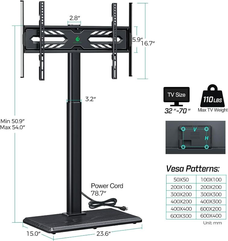 Photo 4 of (READ FULL POST) Greenstell TV Stand with Power Outlet & LED Lights, Floor TV Stand for 32-70 inch TV, Tall TV Stand with Solid Wood Base, Height Adjustable, Swivel, Holds up to 110 LBs, Max VESA 600x400mm