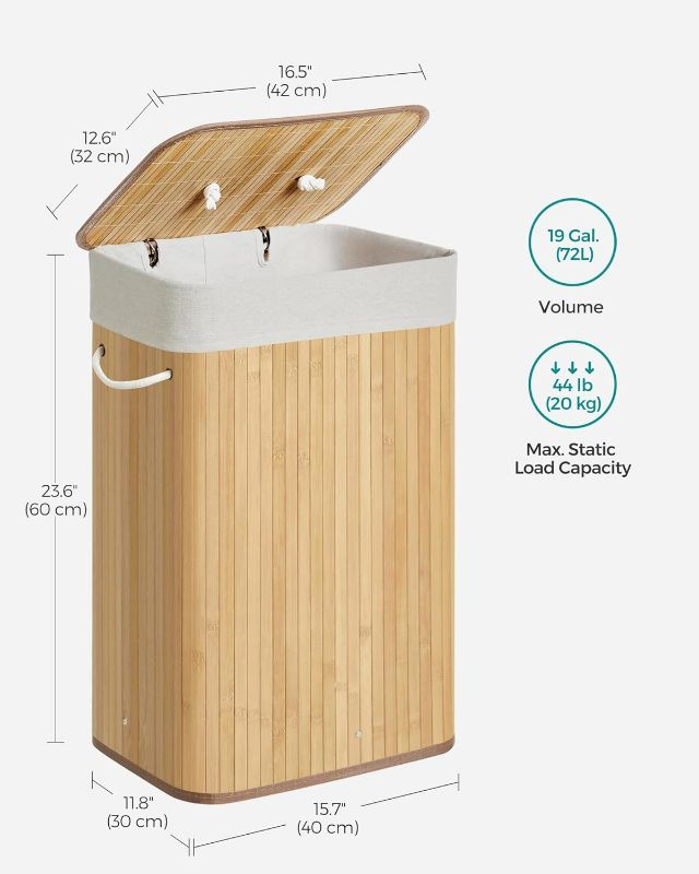 Photo 3 of (READ FULL POST) SONGMICS Foldable Laundry Hamper with Lid, 19 Gal. Bamboo Laundry Basket, Rectangular Storage Hamper with 3 Handles, 15.7 x 11.8 x 23.6 Inches, for Laundry Room, Bedroom, Natural ULCB10YV1
