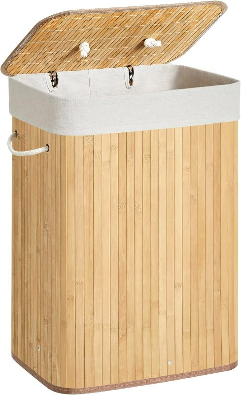 Photo 1 of (READ FULL POST) SONGMICS Foldable Laundry Hamper with Lid, 19 Gal. Bamboo Laundry Basket, Rectangular Storage Hamper with 3 Handles, 15.7 x 11.8 x 23.6 Inches, for Laundry Room, Bedroom, Natural ULCB10YV1
