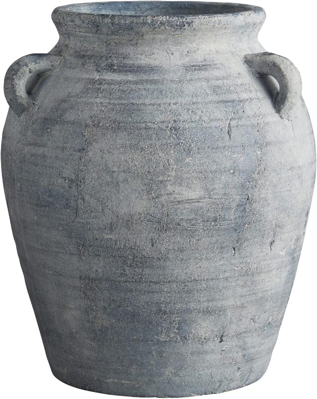 Photo 1 of 47th & Main Old World Style Distressed Terracotta Planter Pot Vase with Handles for Flowers Plants and More, 12" Tall, Grey
