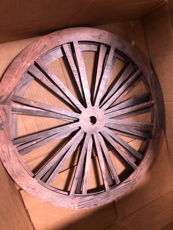 Photo 2 of 17" Decorative Vintage Wood Garden Wagon Wheel & Barrel Wall Decor w/ Steel Rim
