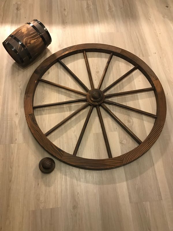 Photo 1 of 17" Decorative Vintage Wood Garden Wagon Wheel & Barrel Wall Decor w/ Steel Rim
