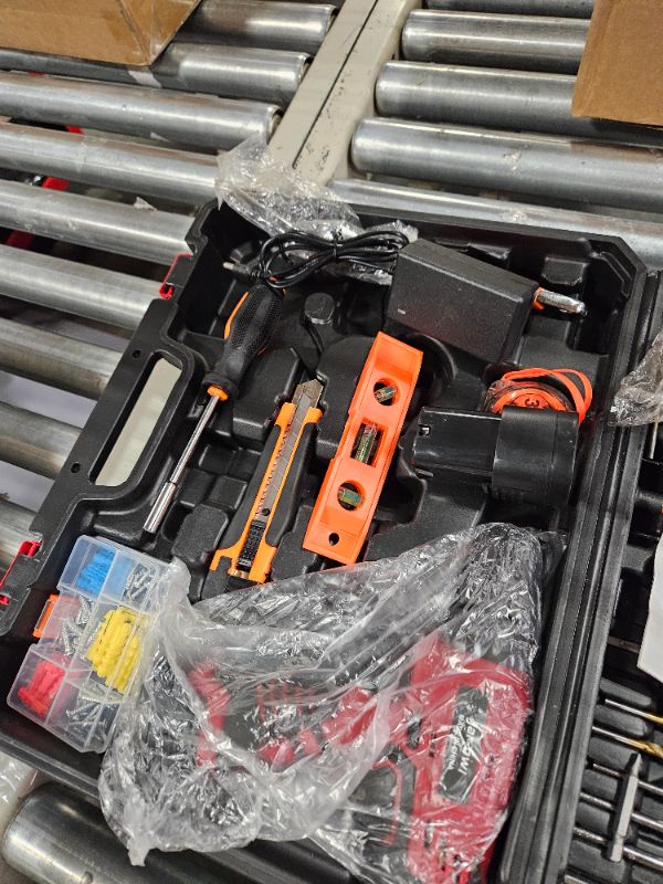 Photo 1 of 108 Piece Power Tool Combo Kits with 16.8V Cordless Drill, Household Tools Set with DIY Hand Tool Kits for Professional Garden Office Home Repair Maintain-Black/Red Red Drill Tool Set with Charger&Battery