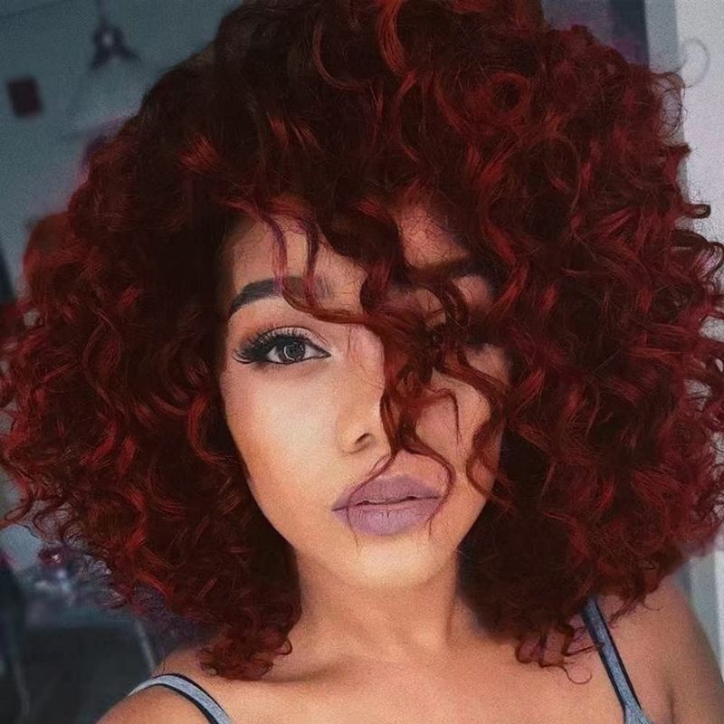 Photo 1 of Amnenl Short Wine Red Afro Curly Wig with Bangs for Black Women Natural Synthetic Curly Halloween Cosplay Costume Wigs with Wig Cap(Wine Red)
