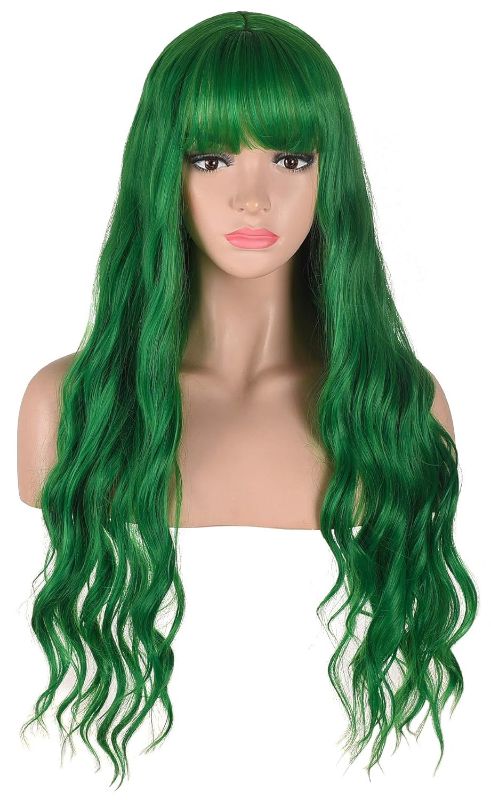 Photo 1 of AMZCOS Long Wavy Green Wig with Bangs | Heat Resistant Synthetic Hair Wigs for Women Halloween Costume Cosplay Party
