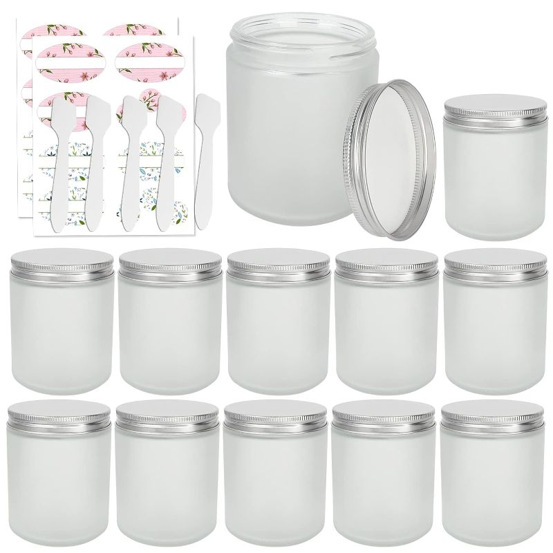 Photo 1 of 12 Pack 8 oz Round Frosted Glass Jars with Silver Metal Lids, 240ml Matte Clear Empty Candle Jars Cosmetic Jars Food Storage Containers, Canning Jars For Spice,Powder,Liquid,Sample,Face Cream Lotion
