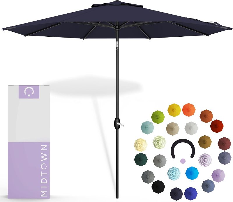 Photo 1 of  Umbrellas The Lean 9 Feet Outdoor Umbrella With Navy Blue Polyester Fabric - Umbrella Outdoor Patio, Auto-Tilt Aluminum Frame Patio Umbrella, Pool Umbrella & Deck Umbrella - Black Pole