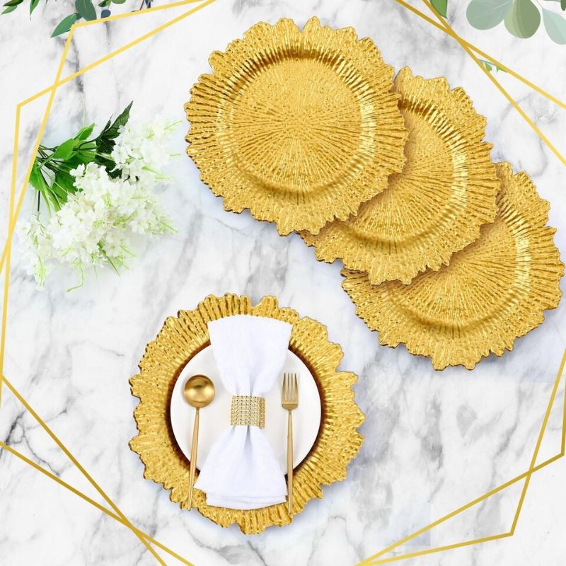 Photo 1 of 12 Pcs Reef Charger Plates Bulk 13 Inch Plastic Wedding Chargers Decor Floral Decorative Charger Plates Metallic Ruffled Rim Charger Plates for Wedding Party, Holiday Event Supplies (Gold)