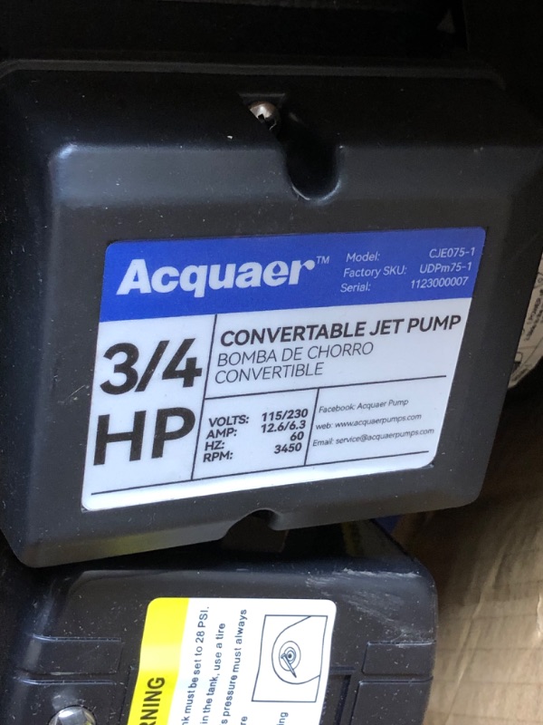 Photo 2 of Acquaer 3/4HP Shallow/Deep Well Jet Pump, Cast Iron Convertible Pump with Ejector Kit, Well Depth Up to 25ft or 90ft, 115V/230V Dual Voltage, Automatic Pressure Switch