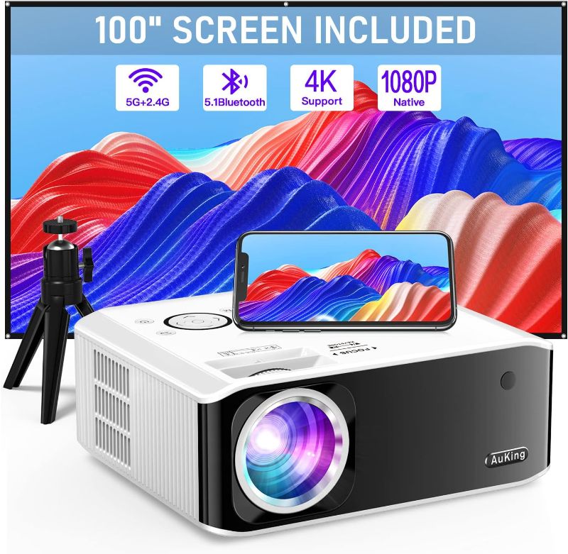 Photo 1 of AuKing Projector with WiFi and Bluetooth, 2024 Upgrade Native 1080P 4K Projector Supported, 480 ANSI Outdoor Projector with 100" Screen and Tripod, 400" Home Projector for HDMI/USB/TV Box/Android/iOS
