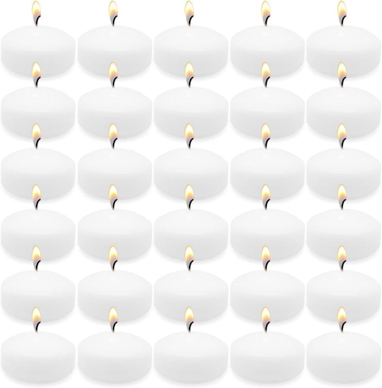 Photo 1 of 6 Hour White Floating Candles, Set of 50 2.0 Inch Unscented Dripless Pool Water Wax Floating Candles for Cylinder Vases, Centerpieces at Wedding, Party, Pool, Holiday