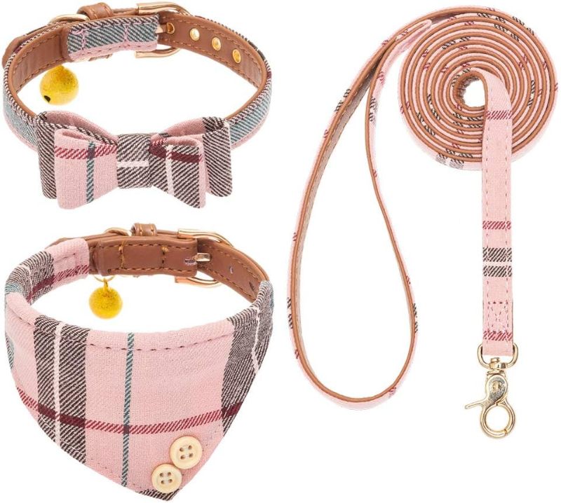 Photo 1 of EXPAWLORER Dog Collar and Leash Set - Classic Plaid Dog Bow Tie and Bandana Collar with Bell, Dog Leash Tangle Free, Adjustable Collars for Puppy Small Dogs...