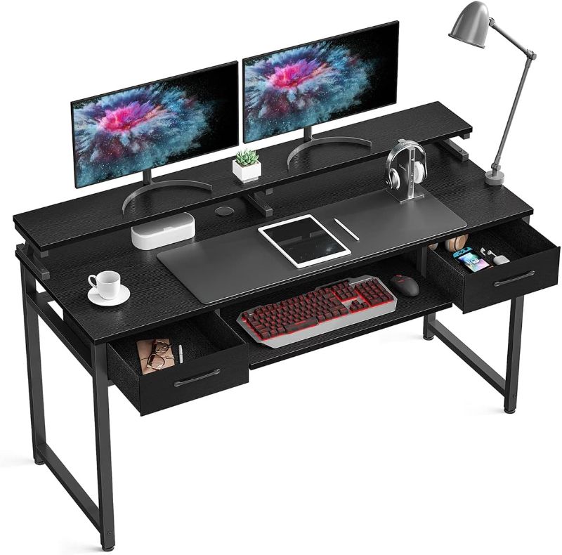 Photo 1 of ODK Computer Desk Study Table, 55 Inch Office Desk with Drawers and Keyboard Tray, Study Desk Work Desk with Monitor Shelf, Writing Desk with Storage for Home Office, Black