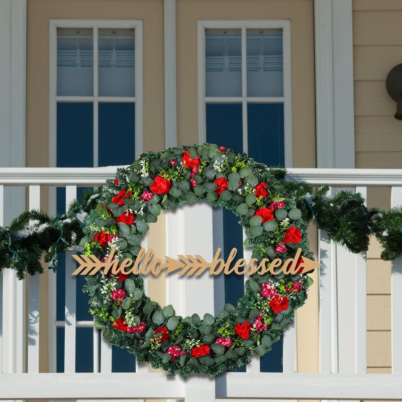Photo 1 of 48 Inch Large Outdoor Christmas Wreath with Red Roses and 3 Signs Hanging Artificial Christmas Eucalyptus Wreath Winter Wreath Eucalyptus Leaves for Front Door Farmhouse Window Decor