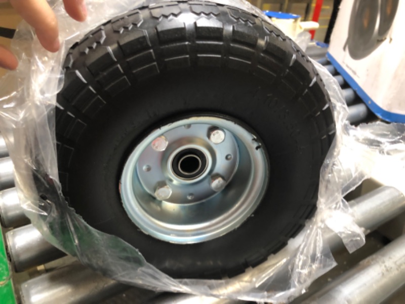 Photo 2 of 4.10/3.50-4" Flat Free Tire and Wheel (4-Pack) - 10 Inch Solid Rubber Tires with 5/8" Bearings, 2.2" Offset Hub - Compatible with Garden Wagon Carts,Hand Truck,Wheelbarrow,Dolly,Utility Cart