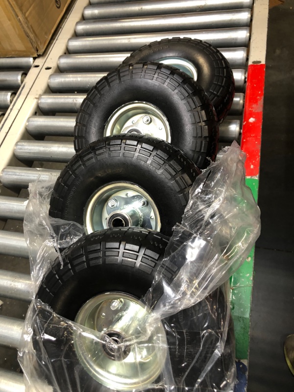 Photo 4 of 4.10/3.50-4" Flat Free Tire and Wheel (4-Pack) - 10 Inch Solid Rubber Tires with 5/8" Bearings, 2.2" Offset Hub - Compatible with Garden Wagon Carts,Hand Truck,Wheelbarrow,Dolly,Utility Cart