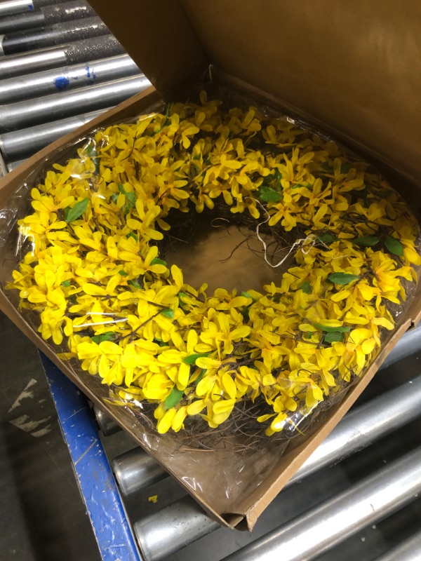 Photo 2 of 25 Inches Yellow Forsythia Flower Spring Wreath for Front Door, Summer Farmhouse Rustic Decor