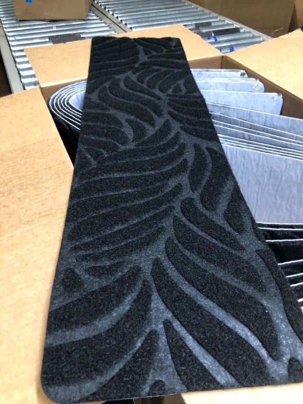 Photo 2 of **USED** GROWLING Stair Treads for Wooden Steps 8"X30", 15Pcs Stair Rugs with Measuring Tool, Peel & Stick Indoor Non-Slip Stair Carpet Runner, Stair Mat with Reusable Strong Grip Self Adhesive(Black) 8"x30"x0.27" Leaves-Black 15