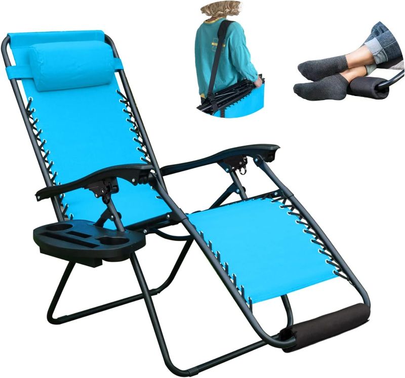 Photo 1 of Zero Gravity Chair, Lawn Chair, Folding Recliner Lounge Chair, Everything Included with Padded Head Pillow, Holder Tray, Shoulder Strap, Footrest Cushion, Light Blue