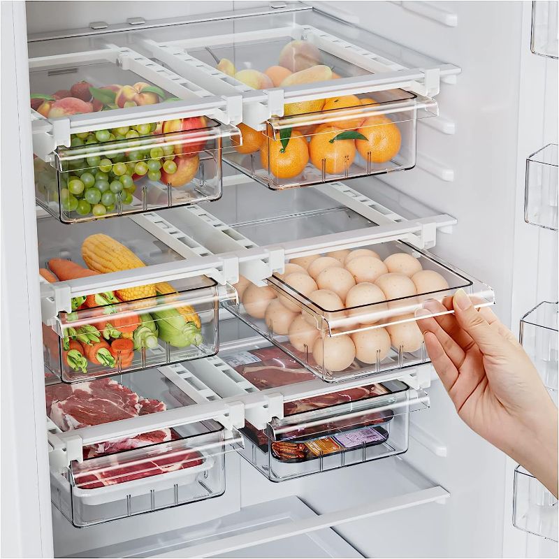Photo 1 of ****MISSING PIECES//SOLD AS PARTS**** 2 Pack Refrigerator Drawer Organizer, Pull Out Shelf Storage Transparent Organizer for Egg, Fruit, Vegetable, Seafood, Meat, Fit All Fridge Shelves Under 0.6''