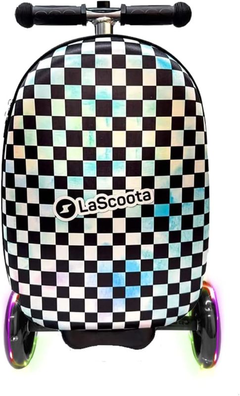 Photo 1 of **Broken Handle** Lascoota Scooter Suitcase, Foldable Scooter Luggage For Kids - Lightweight Kids Ride on Luggage Scooter with Wheels, LED Lights - Checkered Graphic Suitcase Scooter, Ride On Suitcase for Kids Ages 2-5
