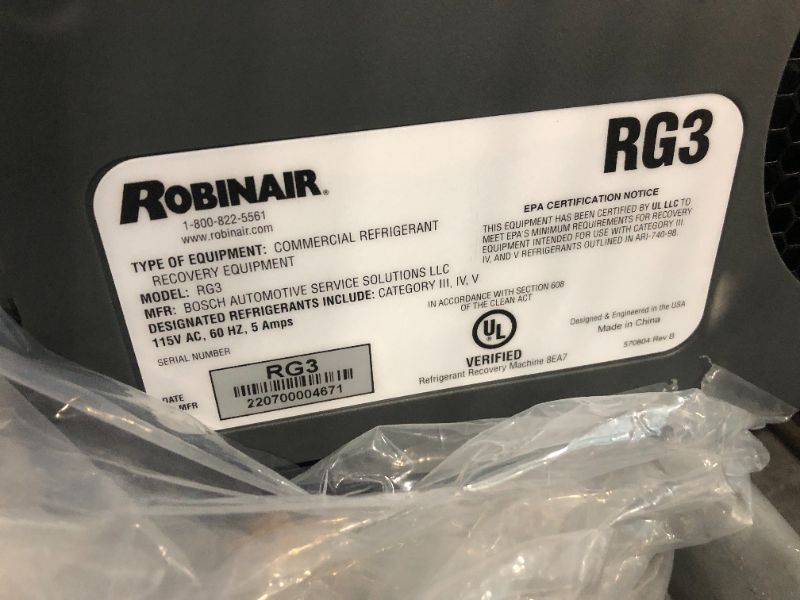Photo 5 of **DOES NOT INCLUDE POWER CORD//UNABLE TO TEST** Robinair (RG3 Portable Refrigerant Recovery Machine – 115V, 60Hz, for Both Liquid and Vapor Refrigerant, White