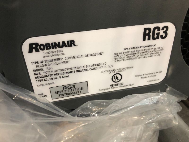 Photo 1 of **DOES NOT INCLUDE POWER CORD//UNABLE TO TEST** Robinair (RG3 Portable Refrigerant Recovery Machine – 115V, 60Hz, for Both Liquid and Vapor Refrigerant, White