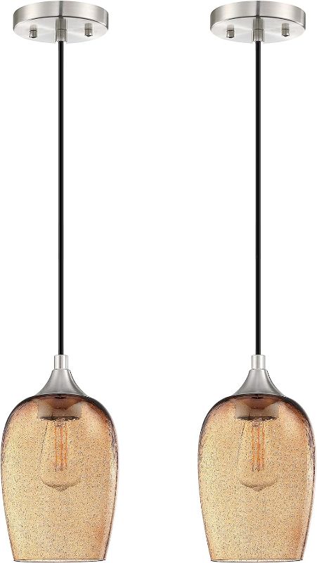 Photo 1 of 2 Pack 1 Light Hanging Indoor Kitchen Island Pendant Lights 5.1" Hand Blown Black Seeded Ancient Amber Glass Ceiling Light Fixtures Brushed Nickel Finish Modern Farmhouse Dinning Over Sink
