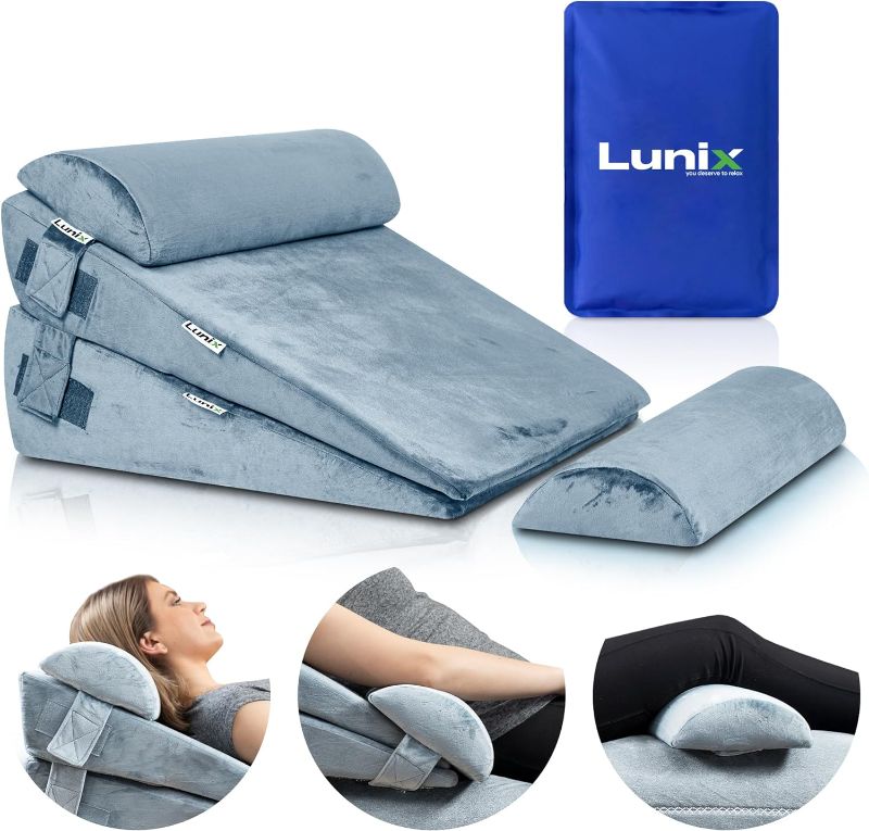 Photo 1 of  Lunix 4pcs Orthopedic Bed Wedge Pillow Set, Post Surgery Memory Foam for Back, Leg & Knee Pain Relief, Sitting Pillow, Adjustable Pillows for Acid Reflux and GERD for Sleeping, with Hot Cold Pack
