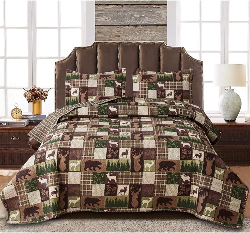 Photo 1 of 
Oliven Reversible Lodge Plaid Bedding Moose Bear Quilt Full/Queen Size Rustic Bedspread Cabin Coverlet Wildlife Forest Daybed Cover Summer Lightweight Bed Cover Pillow Shams
