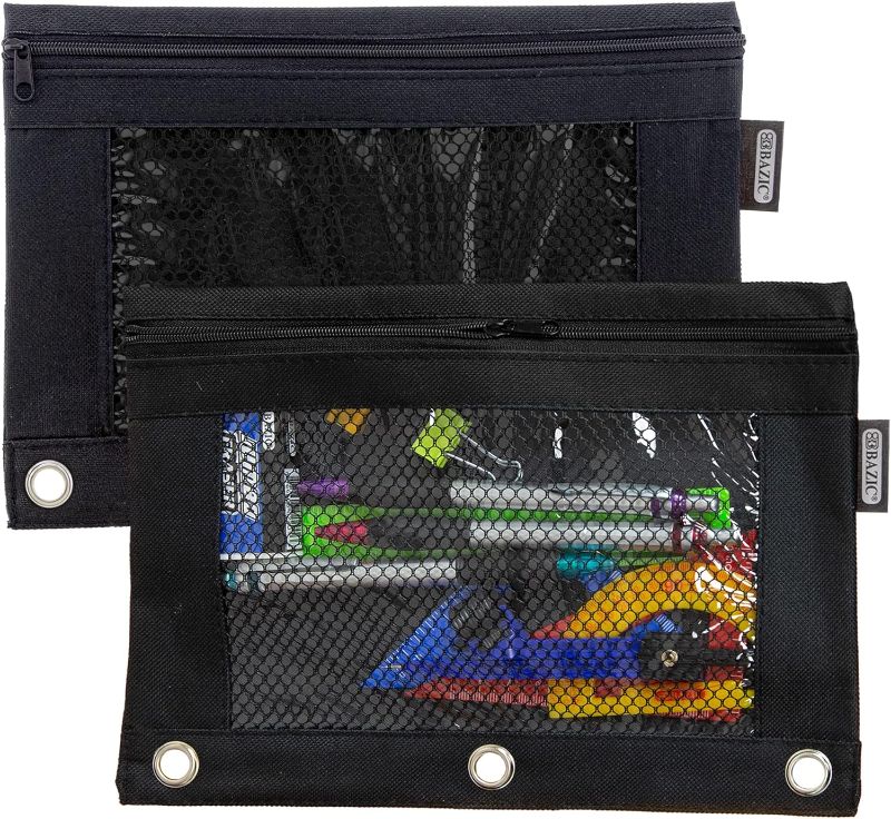 Photo 1 of BAZIC Pencil Pouch 3 Ring Binder Pouch w/ Rivet Enforced Rings Hole, Black Mesh Window Zipper Pouches, 2-Count
