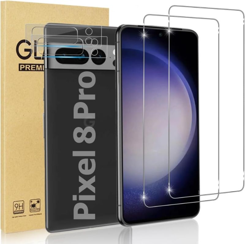 Photo 1 of [2+2Pack] Pixel 8 Pro Screen Protector Tempered Glass + Camera Lens Protector [9H Hardness][Compatible Fingerprint] HD Clear Glass Film For For Google Pixel 8 Pro 5G(6.7 Inch)
