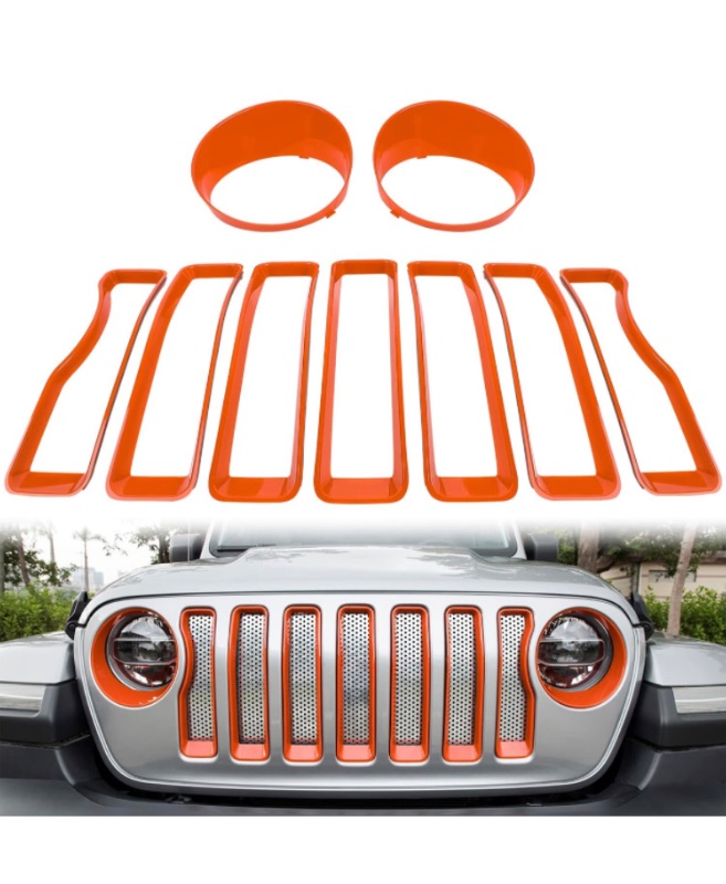 Photo 1 of Bonbo Mesh Grille Grill Insert & Headlight Turn Light Cover Trim Exterior Accessories for Jeep Wrangler JL Sport/Sports 2018-2023 (Orange)
