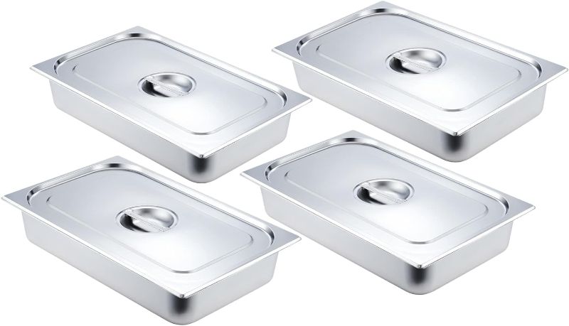 Photo 1 of 4 Pack Full Size Hotel Pan, 4" Deep Steam Table Pan with Lid 21" L x 12.8" W, Commercial Stainless Steel Anti Jam 14qt Hotel Pans with Lids
