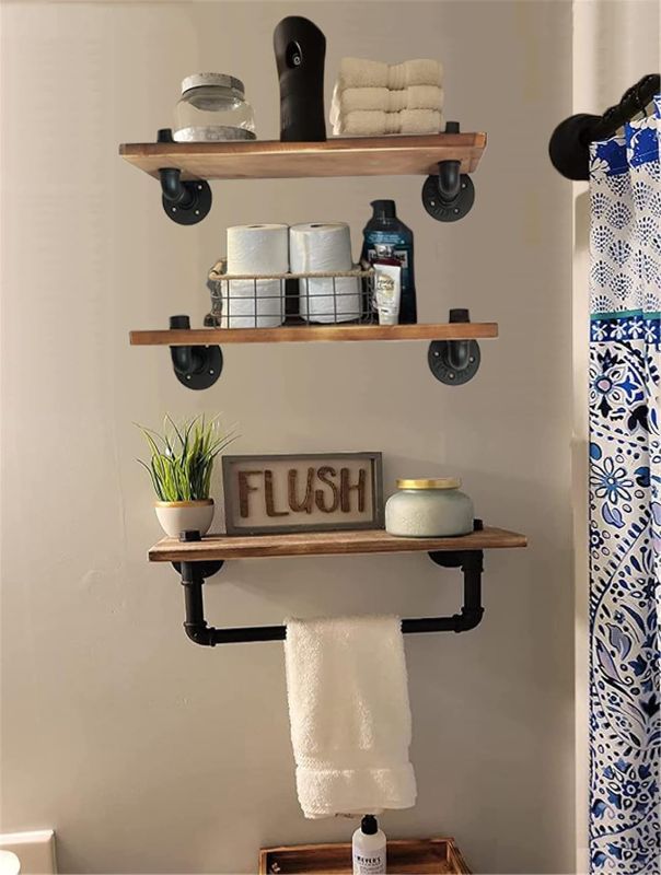 Photo 1 of Bathroom Shelves Wall Mounted, Industrial Pipe Shelves, Light Natural Wood Floating Shelves with Towel Bar, Bathroom Shelf Organizer Over Toilet, Wall Decor for Living Room Bedroom Kitchen