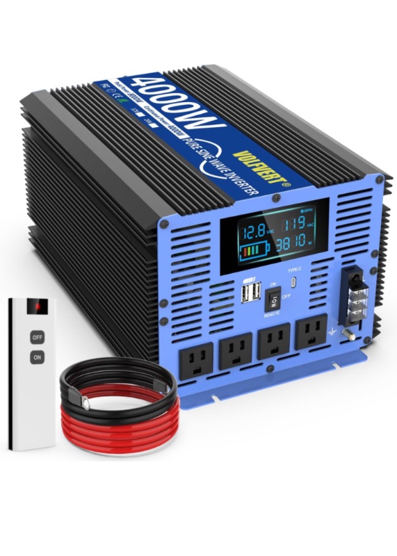 Photo 1 of 4000W Pure Sine Wave Power Inverters DC 12V to AC 110V 120V with Type-C 4 AC Outlets Dual USB Ports Terminal Blocks LCD Display Wireless Remote Controller for Home RV Solar System Car