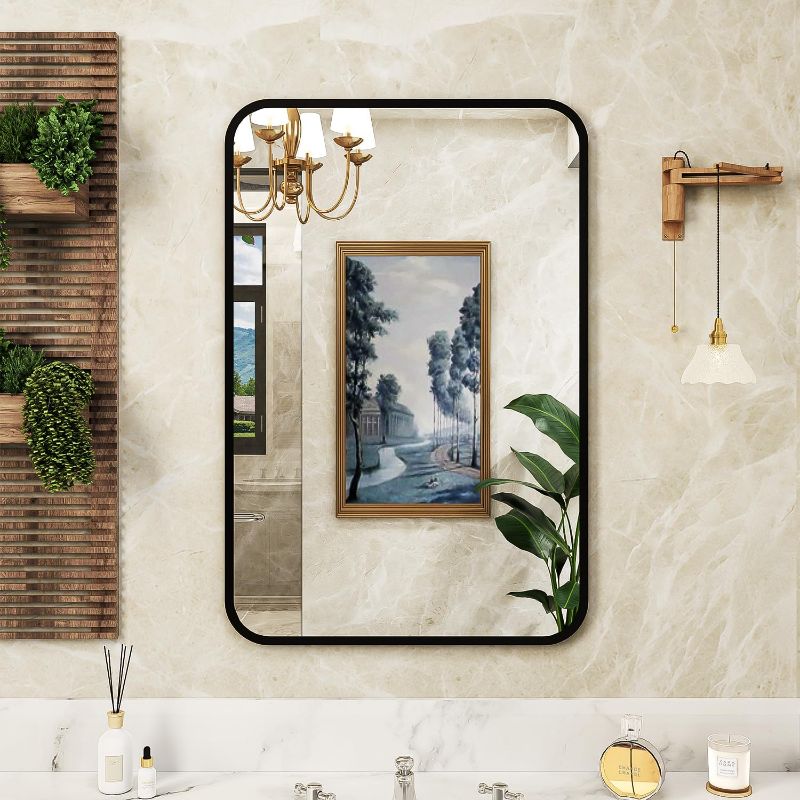 Photo 1 of 24x 18 Inch Bathroom Medicine Cabinet with Mirror Black Metal Framed Farmhouse Recessed or Surface Wall Mounted Black Medicine Cabinets for Bathroom