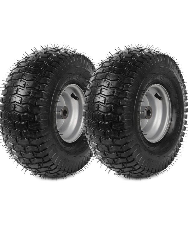 Photo 1 of (2 Pack) 15 x 6.00-6 Lawn Mower Tire and Wheel Set - 15x6-6 Front Tires with Rim Assemblies (4 Ply), 3" Offset Hub and 3/4" Bushings - Compatible with John Deere Riding Mower, Lawn Tractor