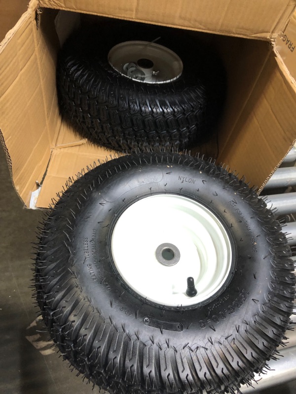 Photo 2 of (2 Pack) 15 x 6.00-6 Lawn Mower Tire and Wheel Set - 15x6-6 Front Tires with Rim Assemblies (4 Ply), 3" Offset Hub and 3/4" Bushings - Compatible with John Deere Riding Mower, Lawn Tractor