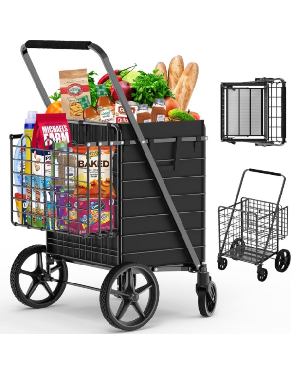 Photo 1 of [2024NEW] Extra Large Shopping Cart for Groceries, 450 lbs Heavy Duty Grocery Cart with 360° Swivel Wheels, Waterproof Liner, Dual Basket, Portable Folding Utility Carts for Seniors,Laundry,Transport