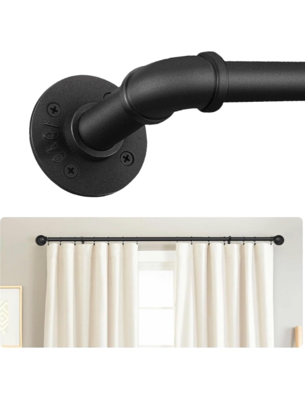 Photo 1 of 1 inch Industrial Curtain Rods for Windows 66 to 120, Black Curtain Rods, Blackout Wrap Around Curtain Rod, Indoor/Outdoor Curtain Rod, Rustic Curtain Rods, Adjustable Pipe Curtain Rods, 66" to 120"